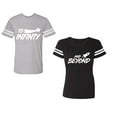 thumbnail image 1 of To Infinity and BeyondUnisex Couple Matching Cotton Jersey style T-Shirt Contrasting stripes on sleeves (Men Heather / Women Black) (Men XXL / Women S), 1 of 3