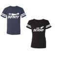 thumbnail image 1 of To Infinity and BeyondUnisex Couple Matching Cotton Jersey style T-Shirt Contrasting stripes on sleeves (Men Navy / Women Black) (Men XXL / Women XXL), 1 of 3