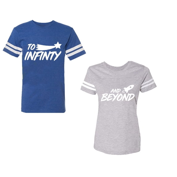 To Infinity and BeyondUnisex Couple Matching Cotton Jersey style T-Shirt Contrasting stripes on sleeves (Men Royal / Women Heather) (Men XXL / Women XXL)