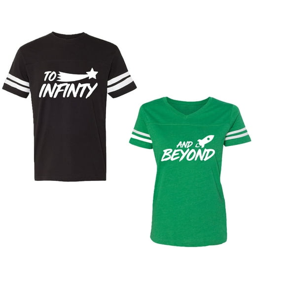 To Infinity and BeyondUnisex Couple Matching Cotton Jersey style T-Shirt Contrasting stripes on sleeves (Men Black / Women Green) (Men M / Women S)