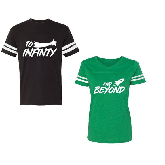 To Infinity and BeyondUnisex Couple Matching Cotton Jersey style T-Shirt Contrasting stripes on sleeves (Men Black / Women Green) (Men S / Women XXL)