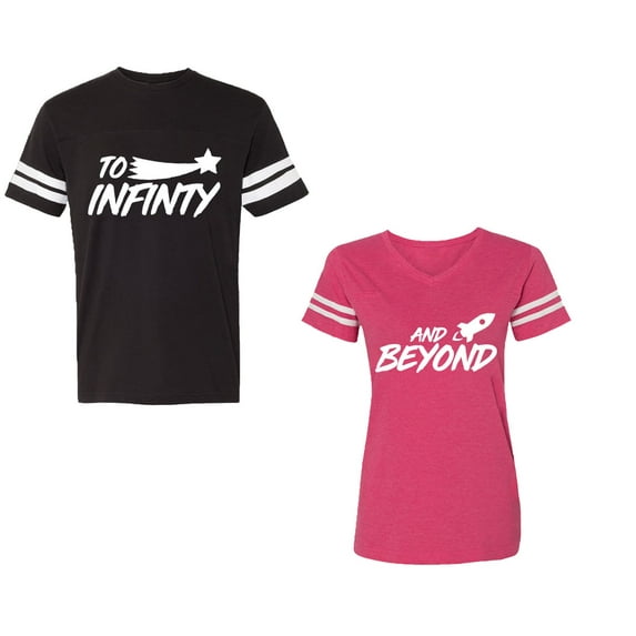 To Infinity and BeyondUnisex Couple Matching Cotton Jersey style T-Shirt Contrasting stripes on sleeves (Men Black / Women Pink) (Men XXL / Women M)