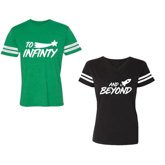 To Infinity and BeyondUnisex Couple Matching Cotton Jersey style T-Shirt Contrasting stripes on sleeves (Men Green / Women Black) (Men XL / Women XL)