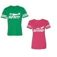 thumbnail image 1 of To Infinity and BeyondUnisex Couple Matching Cotton Jersey style T-Shirt Contrasting stripes on sleeves (Men Green / Women Pink) (Men L / Women M), 1 of 3