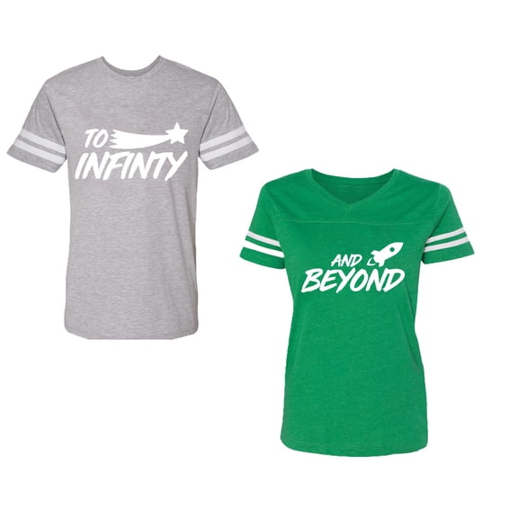 To Infinity and BeyondUnisex Couple Matching Cotton Jersey style T-Shirt Contrasting stripes on sleeves (Men Heather / Women Green) (Men S / Women S)