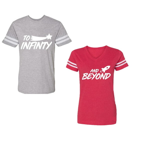 To Infinity and BeyondUnisex Couple Matching Cotton Jersey style T-Shirt Contrasting stripes on sleeves (Men Heather / Women Red) (Men L / Women S)