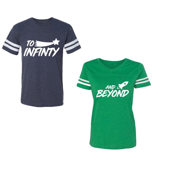 To Infinity and BeyondUnisex Couple Matching Cotton Jersey style T-Shirt Contrasting stripes on sleeves (Men Navy / Women Green) (Men S / Women XXL)