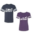 thumbnail image 1 of To Infinity and BeyondUnisex Couple Matching Cotton Jersey style T-Shirt Contrasting stripes on sleeves (Men Navy / Women Purple) (Men M / Women M), 1 of 3