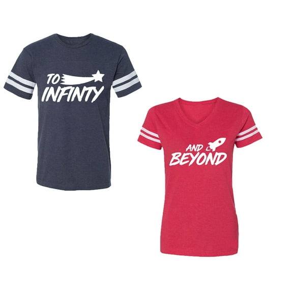To Infinity and BeyondUnisex Couple Matching Cotton Jersey style T-Shirt Contrasting stripes on sleeves (Men Navy / Women Red) (Men M / Women L)