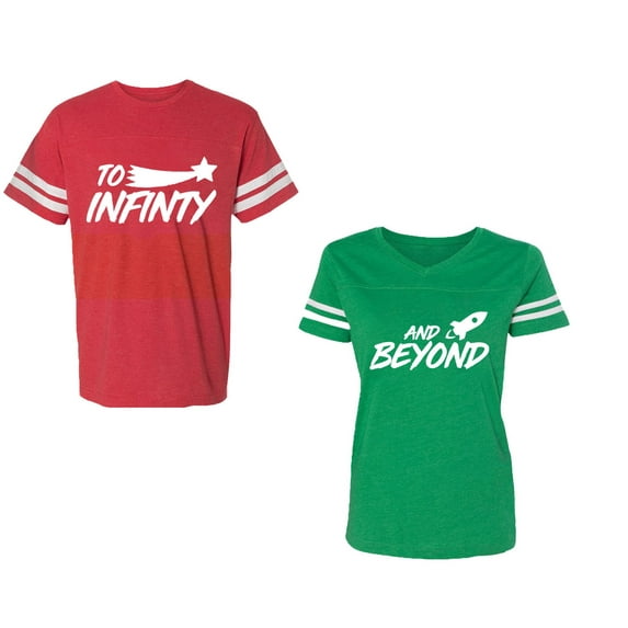 To Infinity and BeyondUnisex Couple Matching Cotton Jersey style T-Shirt Contrasting stripes on sleeves (Men Red / Women Green) (Men XXL / Women L)