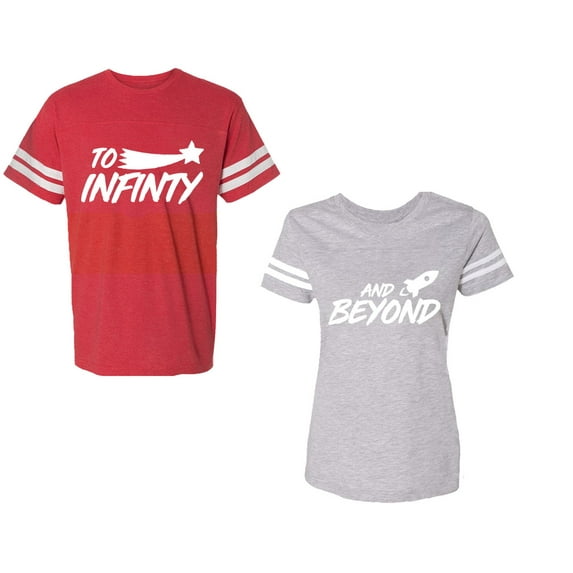 To Infinity and BeyondUnisex Couple Matching Cotton Jersey style T-Shirt Contrasting stripes on sleeves (Men Red / Women Heather) (Men XL / Women XL)