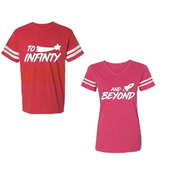 To Infinity and BeyondUnisex Couple Matching Cotton Jersey style T-Shirt Contrasting stripes on sleeves (Men Red / Women Pink) (Men L / Women L)