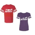 thumbnail image 1 of To Infinity and BeyondUnisex Couple Matching Cotton Jersey style T-Shirt Contrasting stripes on sleeves (Men Red / Women Purple) (Men L / Women M), 1 of 3