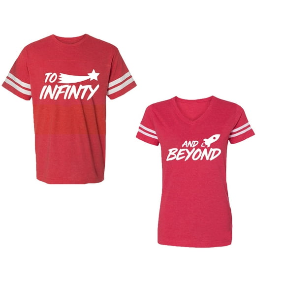 To Infinity and BeyondUnisex Couple Matching Cotton Jersey style T-Shirt Contrasting stripes on sleeves (Men Red / Women Red) (Men L / Women L)