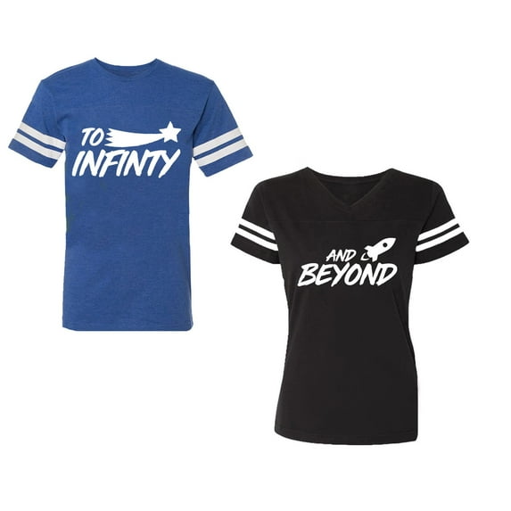 To Infinity and BeyondUnisex Couple Matching Cotton Jersey style T-Shirt Contrasting stripes on sleeves (Men Royal / Women Black) (Men XL / Women M)