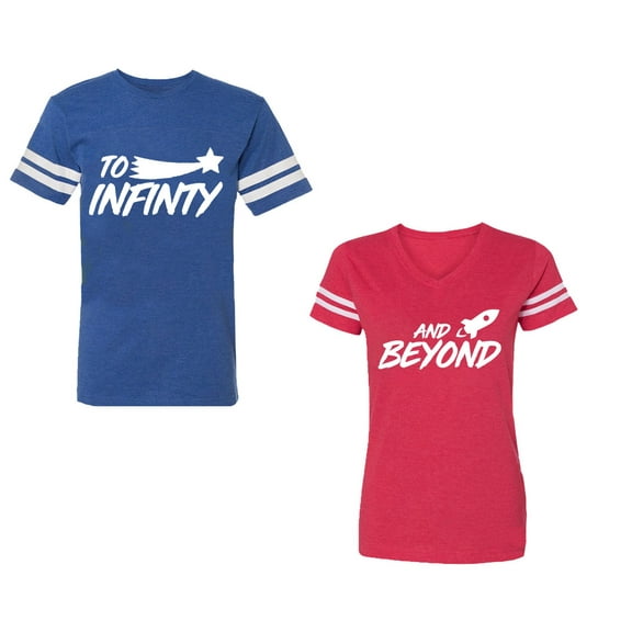 To Infinity and BeyondUnisex Couple Matching Cotton Jersey style T-Shirt Contrasting stripes on sleeves (Men Royal / Women Red) (Men S / Women XL)