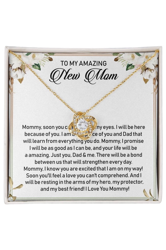 To My Amazing New Mom Beautiful Necklace Message Card, Message Card and Box, Gold Love Knot Necklace