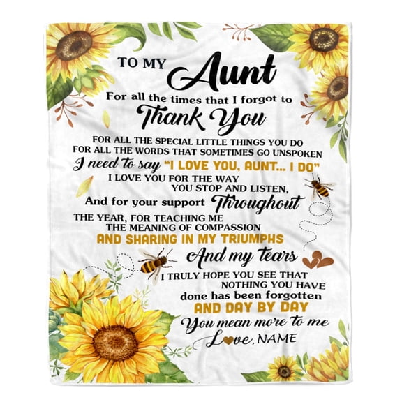 To My Aunt Blanket From Niece Nephew Sunflower Thank You I Love You Aunt Birthday Mothers Day Fleece Blanket, 30x40in Fleece Blanket