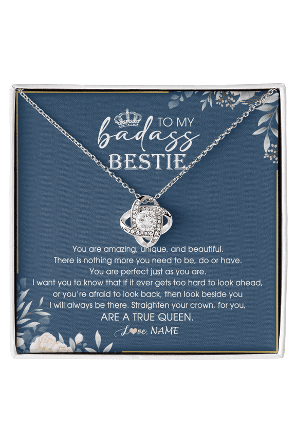 To My Bestie Necklace Straighten Your Crown Queen, White Love Knot Necklace