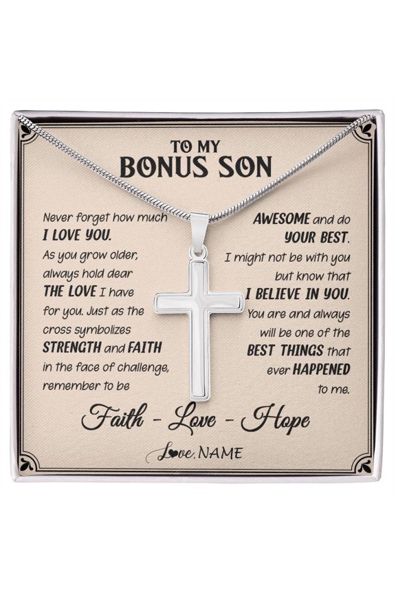 To My Bonus Son Cross From Stepdad Stepmom Strength And Faith Stepson Birthday Graduation Box Message Card, Multi Cross Necklace