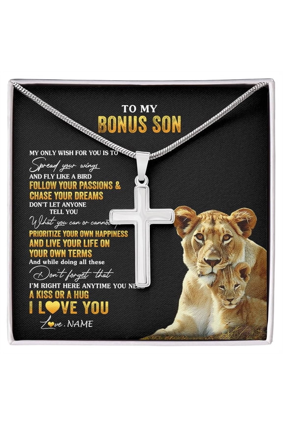 To My Bonus Son From Step Mom Lion My Only Wish For You Stepson Birthday Graduation Box Message Card, Multi Cross Necklace