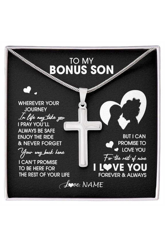 To My Bonus Son From Step Mom Mother Wherever Your Journey Stepson Birthday Graduation Box Message Card, Multi Cross Necklace