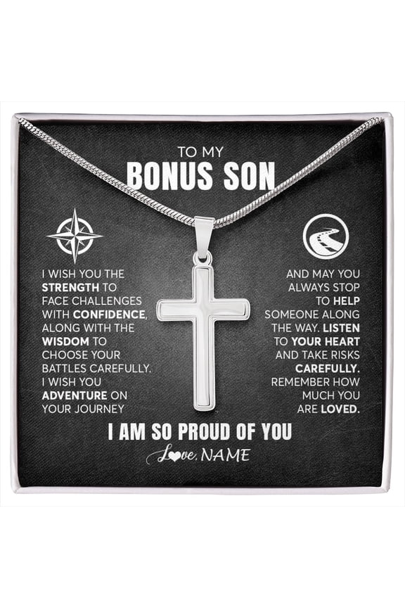 To My Bonus Son From Step Mom Stepdad I Wish You The Strength Step Son Birthday Graduation Inspirational Box Message Card, Multi Cross Necklace