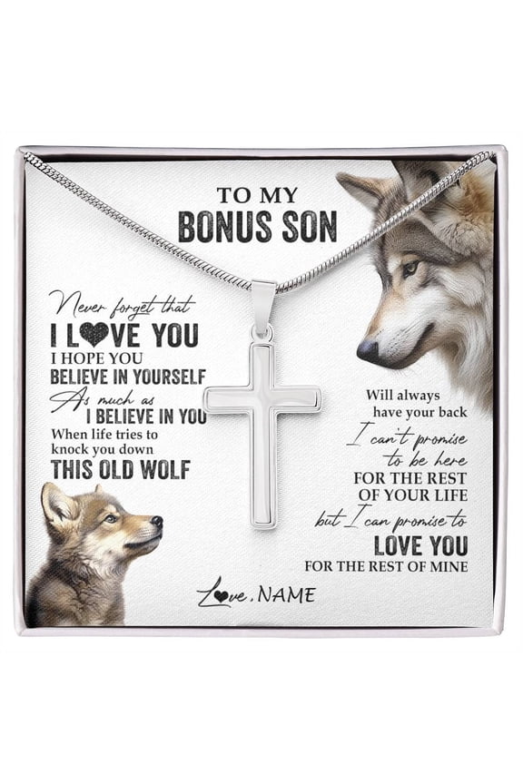 To My Bonus Son From Step Mom Stepdad This Old Wolf Love You Step Son Birthday Graduation Box Message Card, Multi Cross Necklace