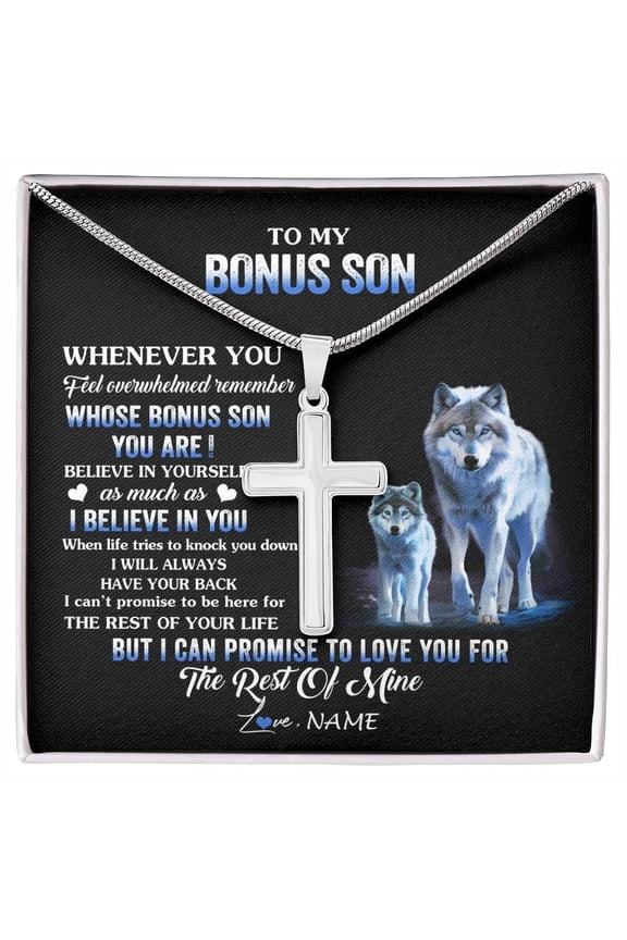 To My Bonus Son From Stepdad Stepmom Whenever You Feel Wolf Stepson Birthday Graduation Box Message Card, Multi Cross Necklace