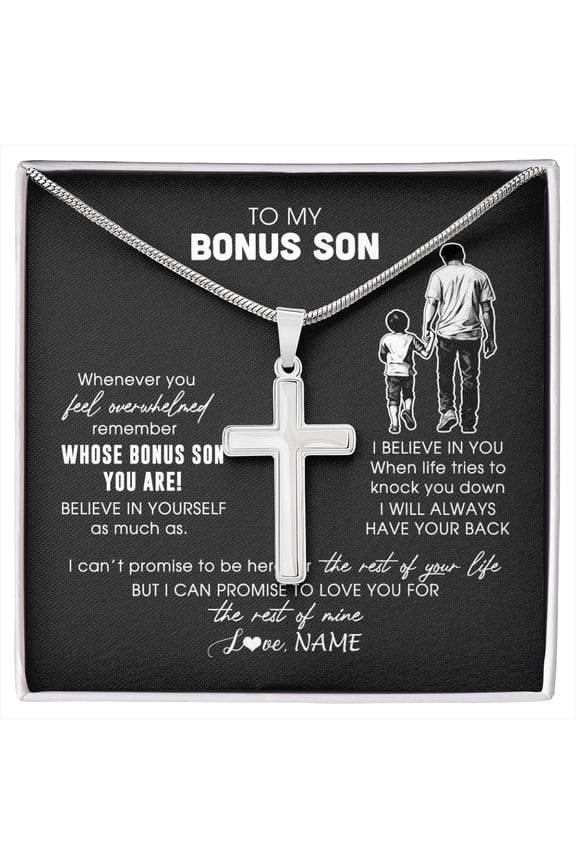 To My Bonus Son From Stepfather Whenever You Feel Overwhelmed Stepson Jewelry Birthday Box Message Card, Multi Cross Necklace