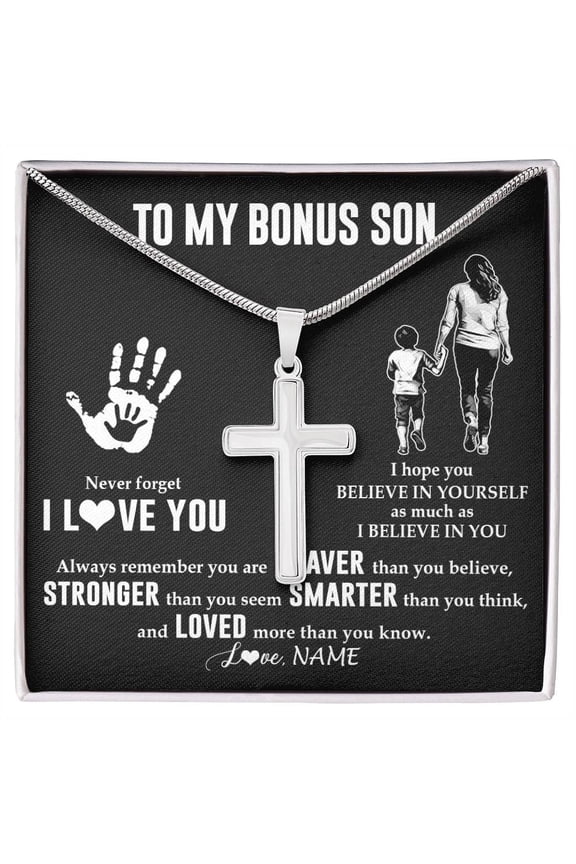 To My Bonus Son From Stepmom Never Forget I Love You Stepson Birthday Graduation Box Message Card, Multi Cross Necklace