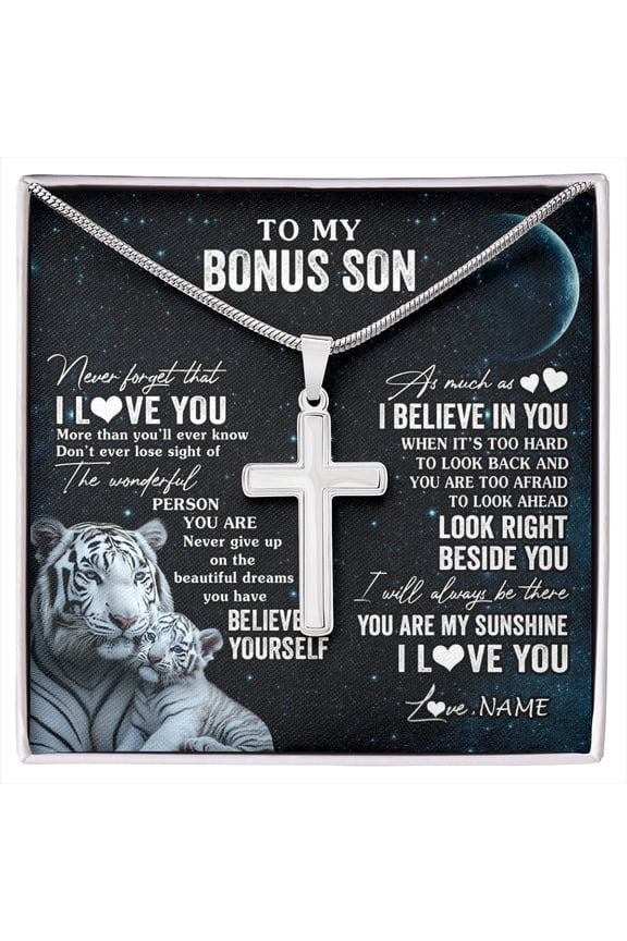 To My Bonus Son From Stepmom Never Forget I Love You White Tiger Stepson Birthday Graduation Box Message Card, Multi Cross Necklace