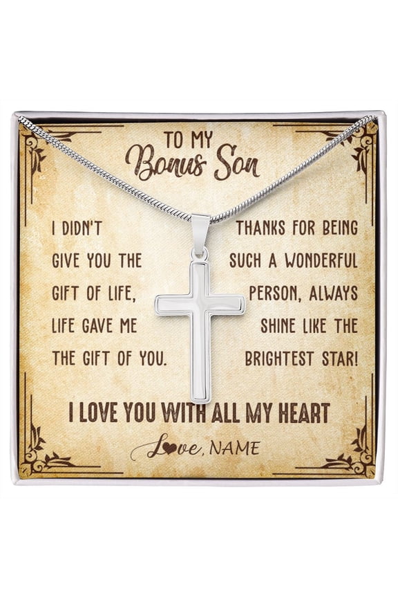 To My Bonus Son From Stepmom Stepdad I Love You With All My Heart Stepson Birthday Graduation Box Message Card, Multi Cross Necklace