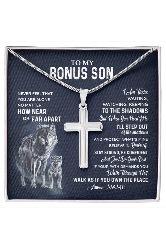 To My Bonus Son From Stepmom Stepdad Never Feel You Are Alone Wolf Stepson Birthday Graduation Box Message Card, Multi Cross Necklace