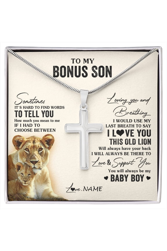To My Bonus Son From Stepmother I Love You This Old Lion Stepson Birthday Graduation Box Message Card, Multi Cross Necklace