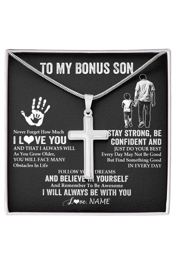 To My Bonus Son I Love You Forever From Stepdad Stepson Birthday Graduation Box Message Card, Multi Cross Necklace