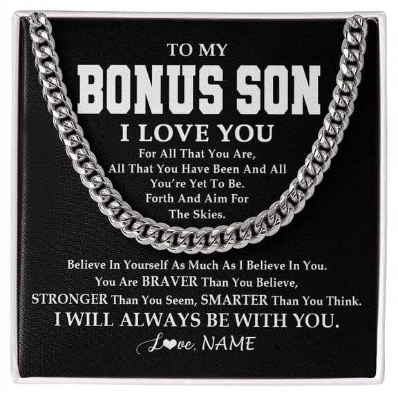 To My Bonus Son Necklace Believe In Yourself From Stepmom Stepdad, Gold Cuban Link Necklace