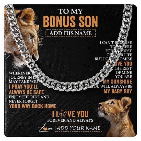 To My Bonus Son Necklace Life Journey Lion, White Cuban Link Necklace
