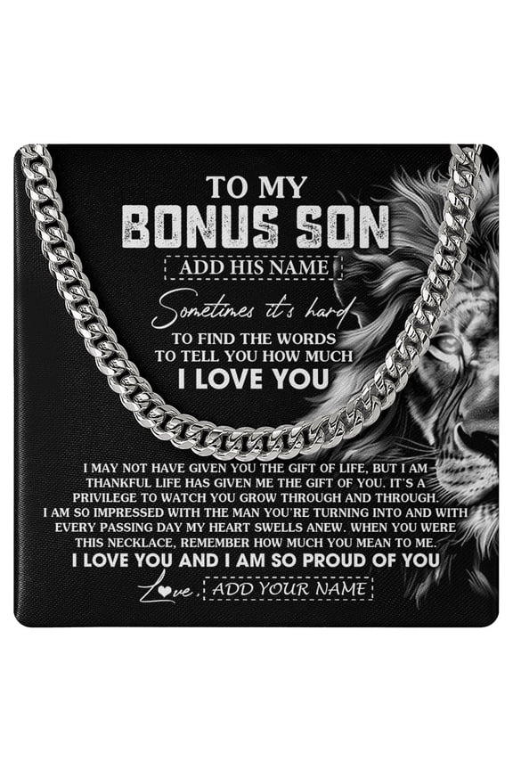 To My Bonus Son Necklace Lion Family Bond, White Cuban Link Necklace