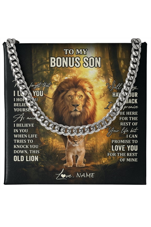 To My Bonus Son Necklace Lion Love Forever, Gold Cuban Link Necklace