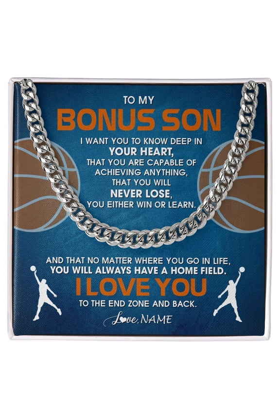 To My Bonus Son Necklace Never Lose Basketball, Gold Cuban Link Necklace