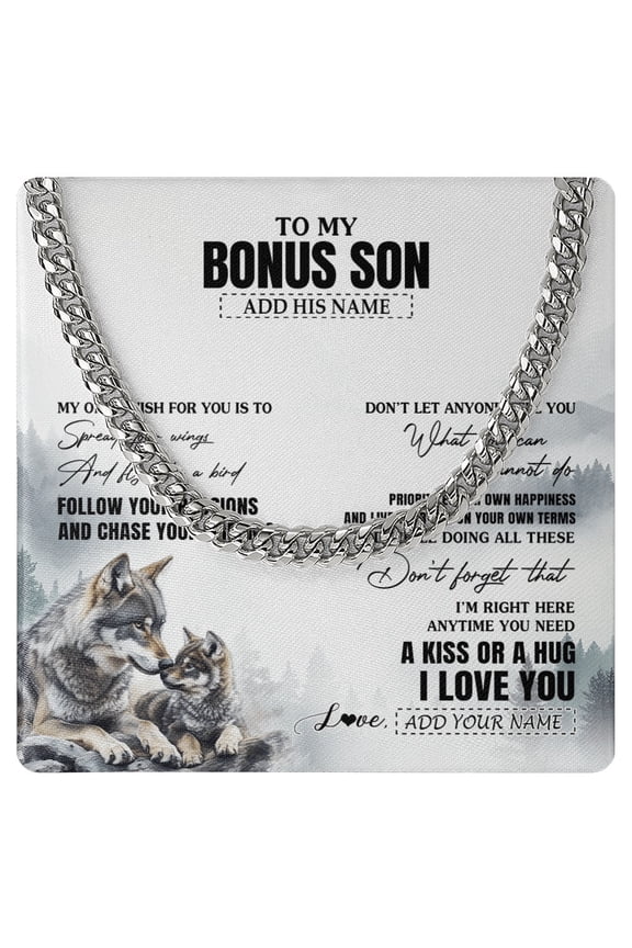 To My Bonus Son Necklace Wolf My Only Wish, White Cuban Link Necklace