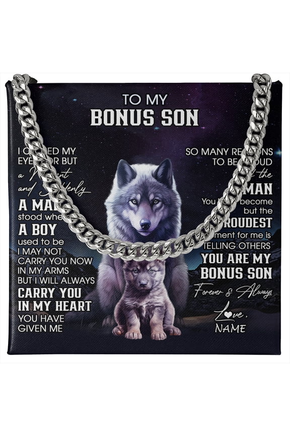 To My Bonus Son Necklace Wolf Strength, Gold Cuban Link Necklace