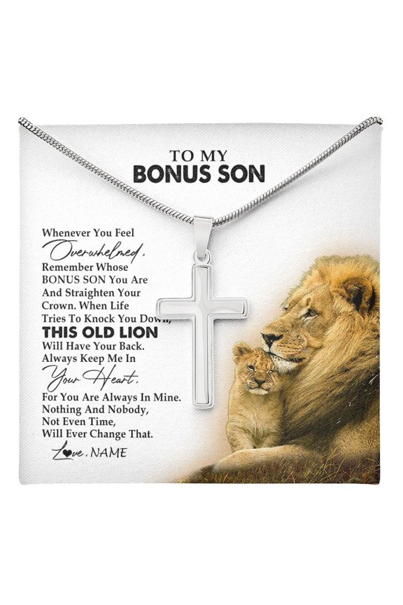 To My Bonus Son Necklace from Stepdad Whenever You Fell Overwhelmed Lion Stepson Birthday Christmas Customized Gift Box Message Card