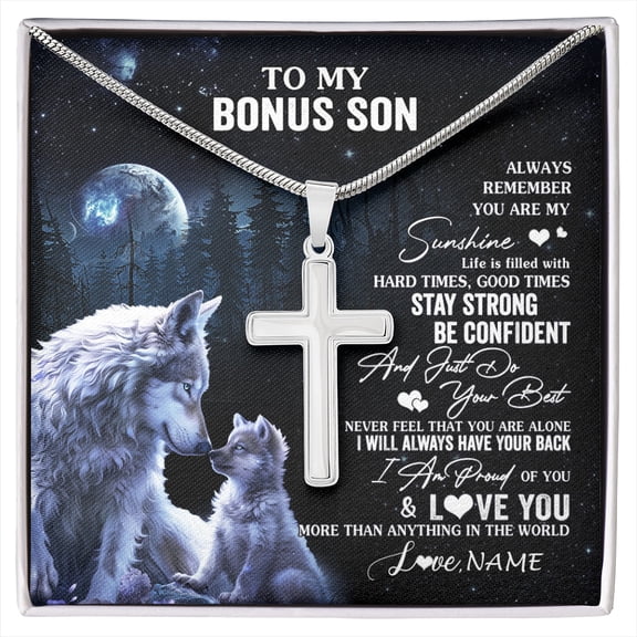 To My Bonus Son Wolf From Step Mom Stepdad Always Remember Step Son Birthday Graduation Box Message Card, Multi Cross Necklace