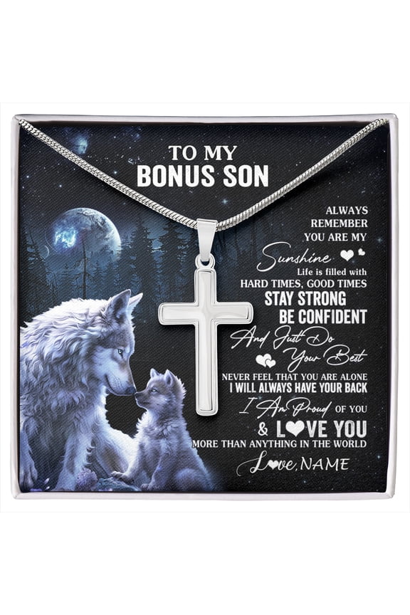 To My Bonus Son Wolf From Step Mom Stepdad Always Remember Step Son Birthday Graduation Box Message Card, Multi Cross Necklace