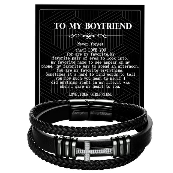 To My Boyfriend Black Leather Bracelet Stainless Steel Cross Bracelet Christian Protection Jewelry