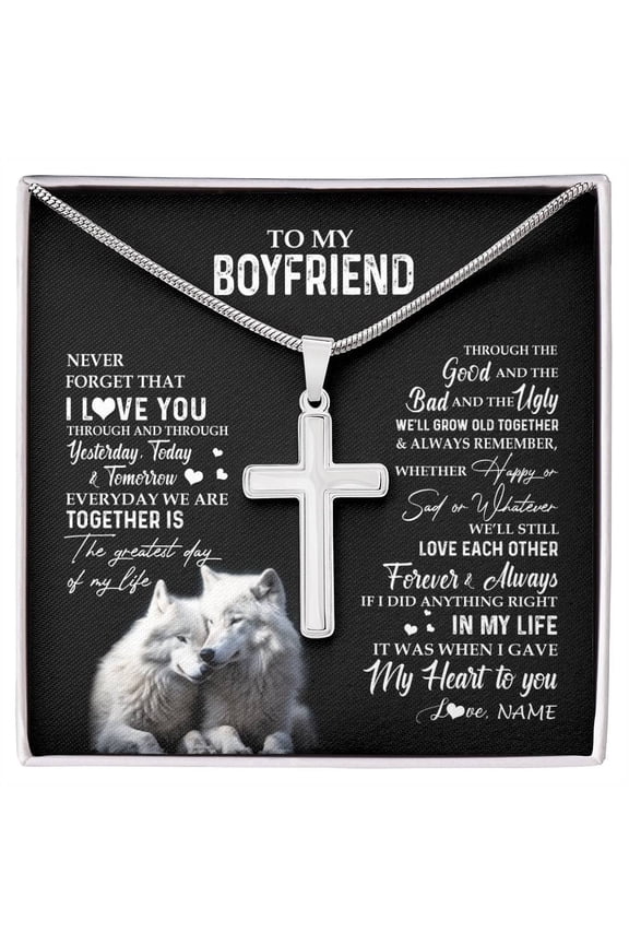 To My Boyfriend From Girlfriend Wolf Never Forget That I Love You Boyfriend Birthday Box Message Card, Multi Cross Necklace