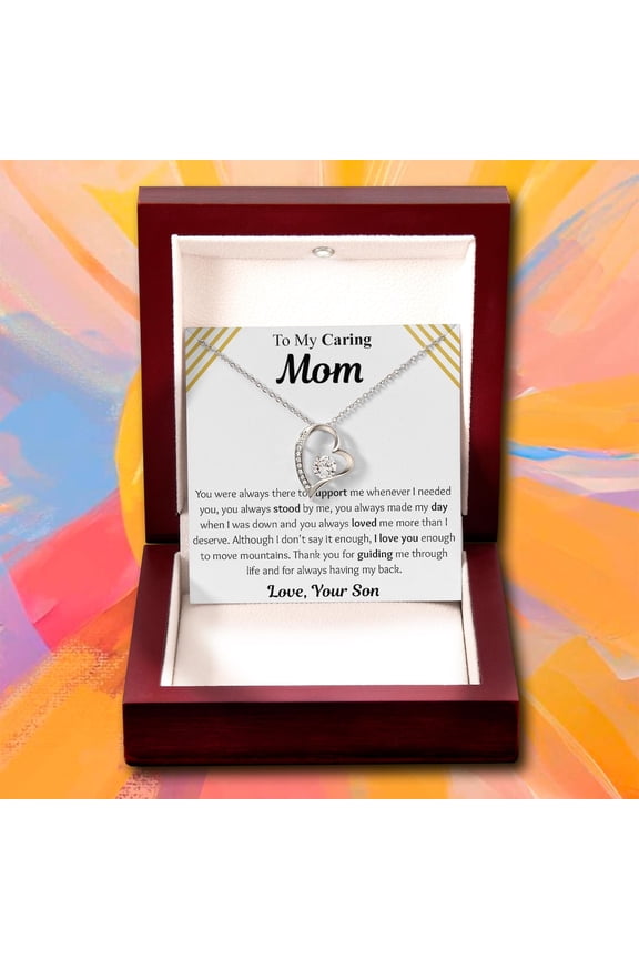 To My Caring Mom Necklace JewelryFrom Son, Loving Message Card Jewelry, Mother Necklace, Mother’s Day, Jewelry for Mom, White Forever Love Necklace