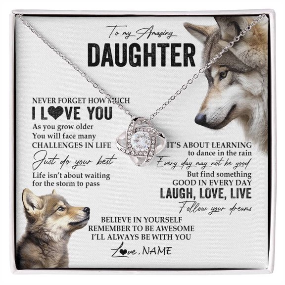To My Daughter Necklace From Mom And Dad Wolf Message, Gold Love Knot Necklace